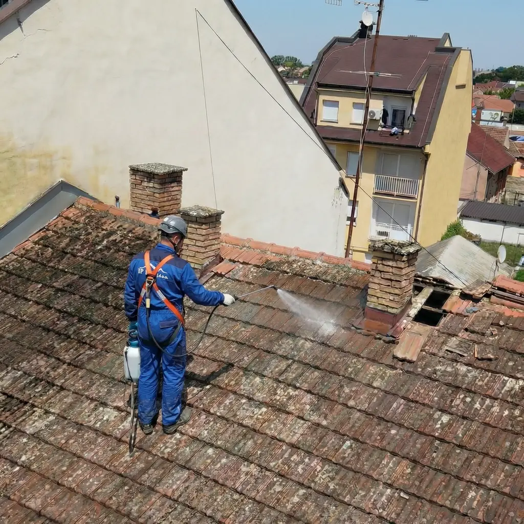 2. Nanošenje kemakalija na krov za uklanjanje mahovine i algi za pranje krova IP BAU