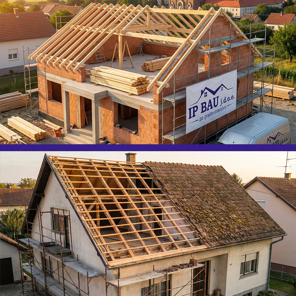Izrada krova Novogradnja Đakovo i Stara kuća treba novi krov, otkriveno pola krova - IP BAU