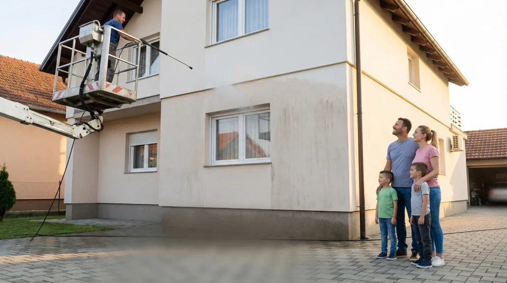 Pranje fasada Đakovo, sretna obitelj gleda kako se pere fasada Đakovo IP BAU