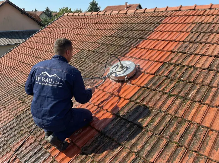 Pranje krova ili Novi krov: Zašto platiti 20.700 eura kada ne morate? 2 Stručnjak iz tvrtke IP BAU izvodi visokotlačno dubinsko pranje krova Đakovo profesionalnom rotacijskom opremom.