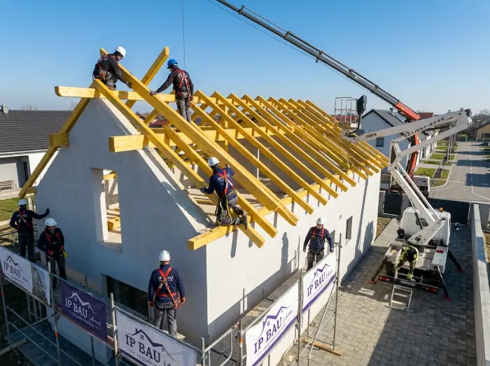 Radnici postavljaju drvenu krovnu konstrukciju na modernoj kući u Đako - Kovopokrivač Đakovo - IP BAU - Tesarski radovi na krovu
