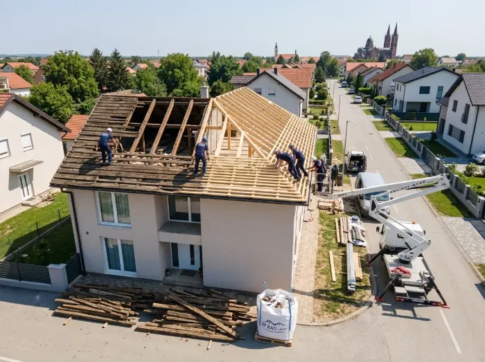 Usporedba ravnog novog krovišta i starih deformiranih greda - Kovopokrivač Đakovo - IP BAU