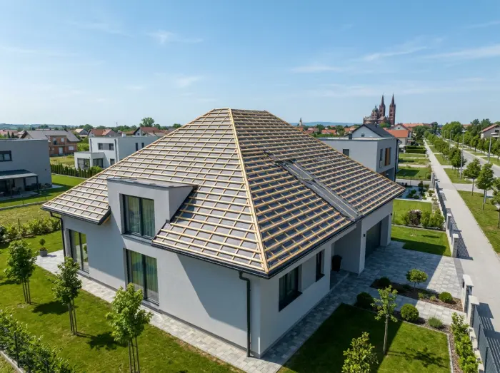 Završena drvena konstrukcija s postavljenom krovnom folijom i letvama - Kovopokrivač Đakovo - IP BAU