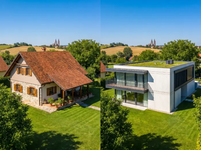 Kosi krov i ravni krov - Moderna kuća koja prikazuje usporedbu kosog i ravnog krova - Krovopokrivač Đakovo - IP BAU