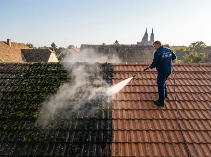 Zamke nerealno jeftinih ponuda za popravak i izradu krova 3 Stari krov obrastao mahovinom koji se ispire vodom pod visokim tlakom - Krovopokrivač Đakovo - IP BAU